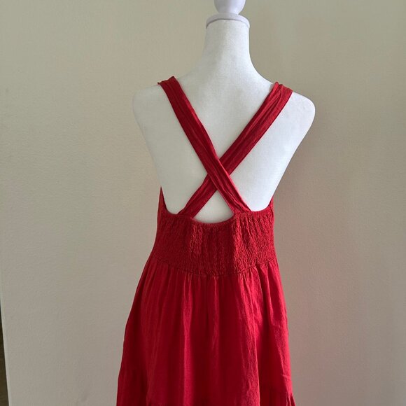 Linen Dress Cross Back Tiered Red Midi Pockets Sweetheart Neck Boho Beach Resort - Picture 2 of 7